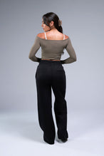 Back View of Brown TLF Essential Seamless off the shoulder top, featuring a cropped length and thumbholes 