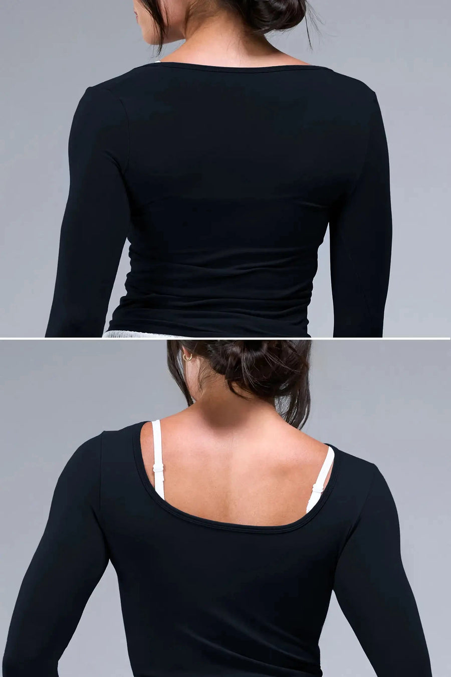 Back View of Black TLF Essential Seamless Reversible Scoop Neck, featuring thumbholes and multi wear for boat neck or scoop neck styling 