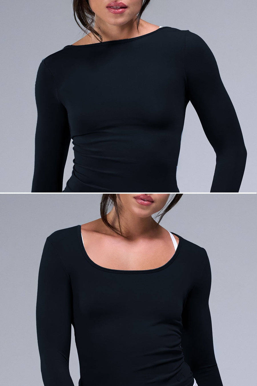 Detail Front View of Black TLF Essential Seamless Reversible Scoop Neck, featuring thumbholes and multi wear for boat neck or scoop neck styling 