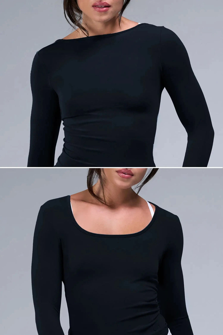 Detail Front View of Black TLF Essential Seamless Reversible Scoop Neck, featuring thumbholes and multi wear for boat neck or scoop neck styling 