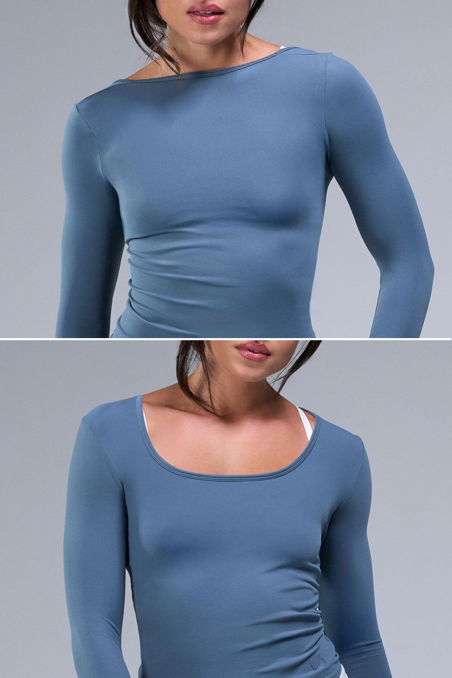 Front View of Blue TLF Essential Seamless Reversible Scoop Neck, featuring thumbholes and multi wear for boat neck or scoop neck styling 
