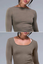 Front View of Brown TLF Essential Seamless Reversible Scoop Neck, featuring thumbholes and multi wear for boat neck or scoop neck styling 