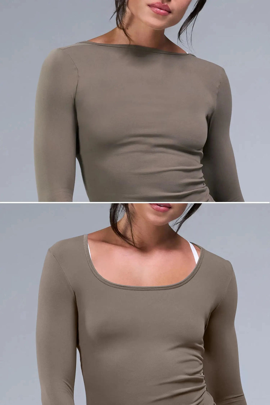 Front View of Brown TLF Essential Seamless Reversible Scoop Neck, featuring thumbholes and multi wear for boat neck or scoop neck styling 