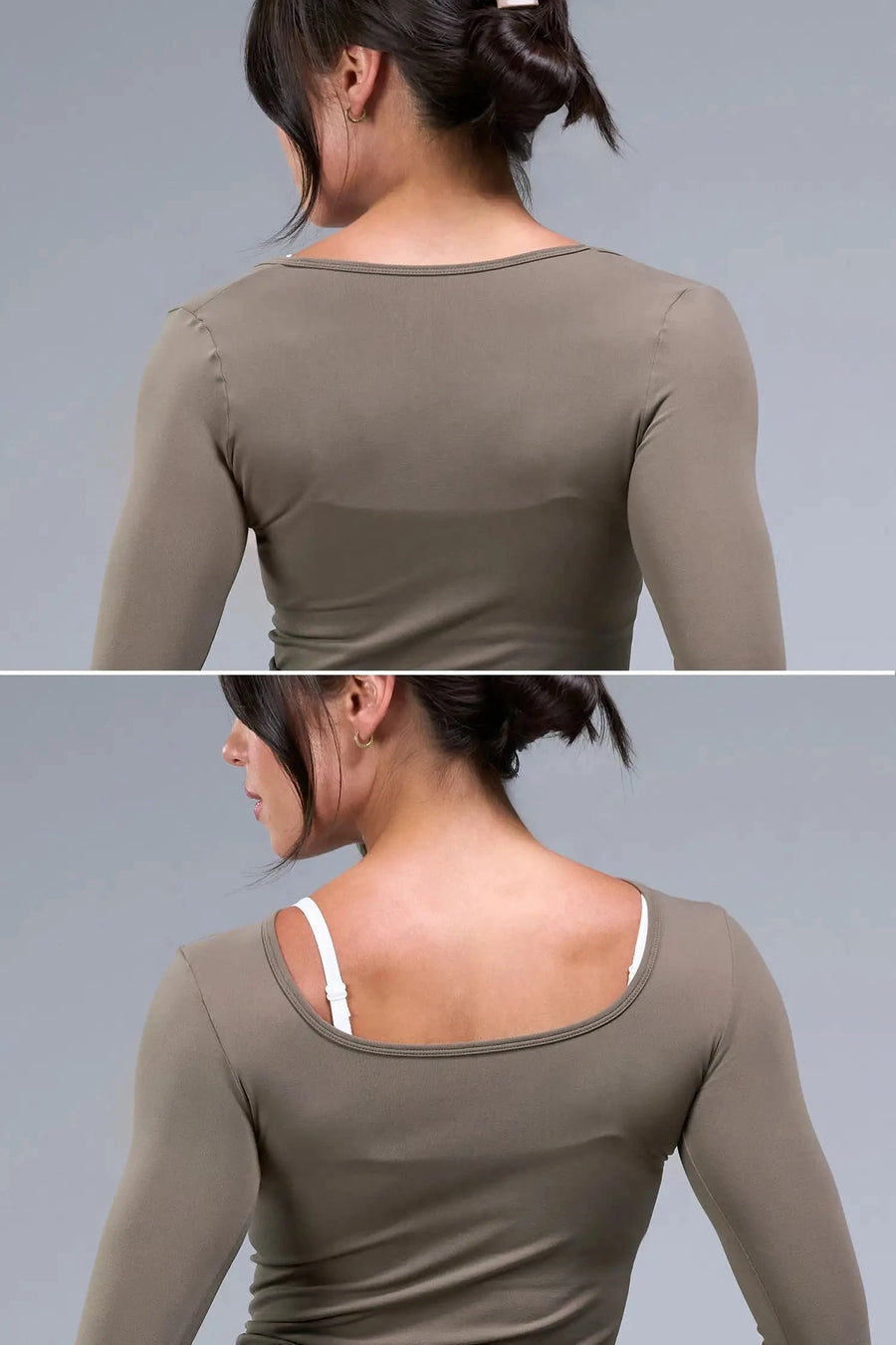 Back View of Brown TLF Essential Seamless Reversible Scoop Neck, featuring thumbholes and multi wear for boat neck or scoop neck styling 