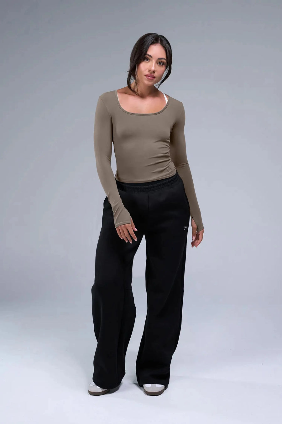 Front View of Brown TLF Essential Seamless Reversible Scoop Neck, featuring thumbholes and multi wear for boat neck or scoop neck styling 