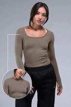 Front View of Brown TLF Essential Seamless Reversible Scoop Neck, featuring thumbholes and multi wear for boat neck or scoop neck styling 