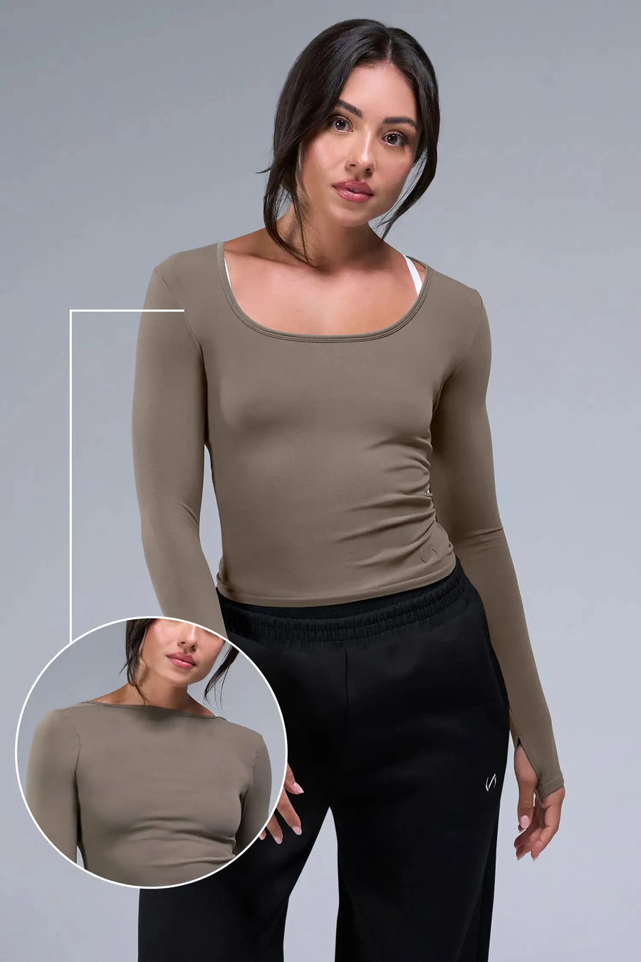 Front View of Brown TLF Essential Seamless Reversible Scoop Neck, featuring thumbholes and multi wear for boat neck or scoop neck styling 