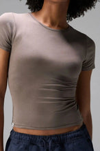 Front View of Brown the TLF Fitted Crew Neck T-Shirt featuring a long line silhouette and whip stitch detailing. 