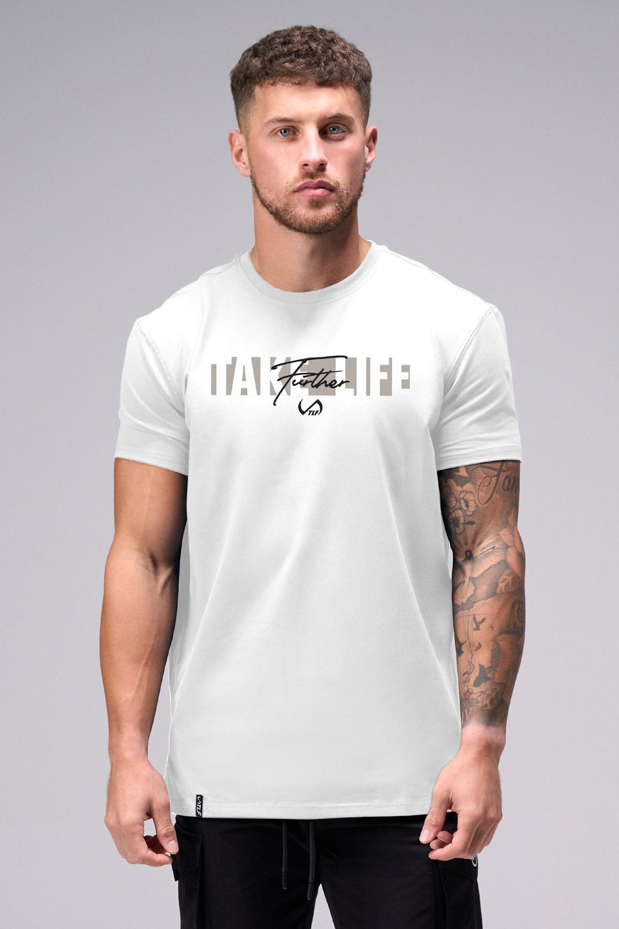 Front View Of Further Script Swole Tee – Mens Short Sleeves– White - 1