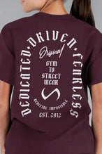 Back View of Wine  TLF 3 Strengths Swole Tee, featuring a custom graphic print design in our swole fit for all day wear