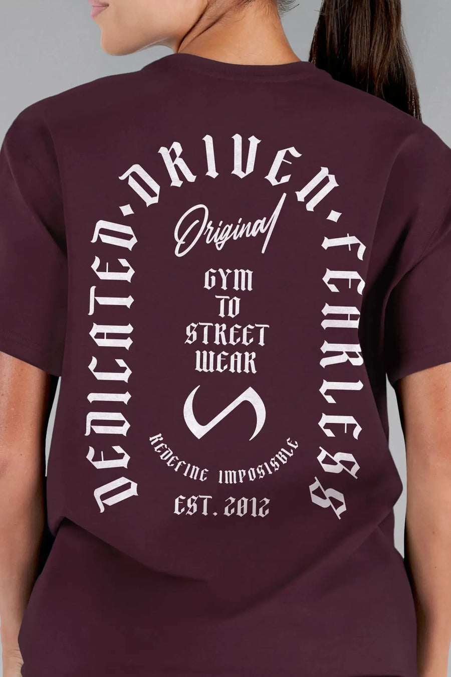 Back View of Wine  TLF 3 Strengths Swole Tee, featuring a custom graphic print design in our swole fit for all day wear