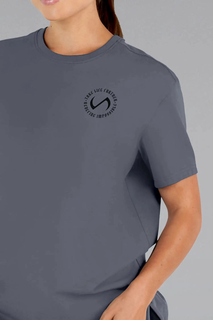 Back View of Blackened Pearl  TLF 3 Strengths Swole Tee, featuring a custom graphic print design in our swole fit for all day wear