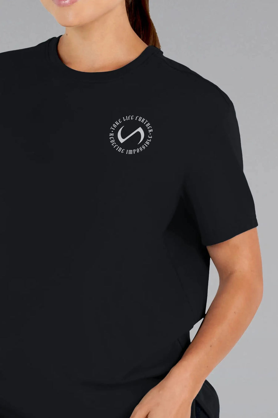 Back View of Black  TLF 3 Strengths Swole Tee, featuring a custom graphic print design in our swole fit for all day wear
