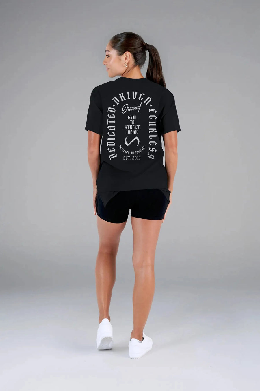 Back View of Black  TLF 3 Strengths Swole Tee, featuring a custom graphic print design in our swole fit for all day wear