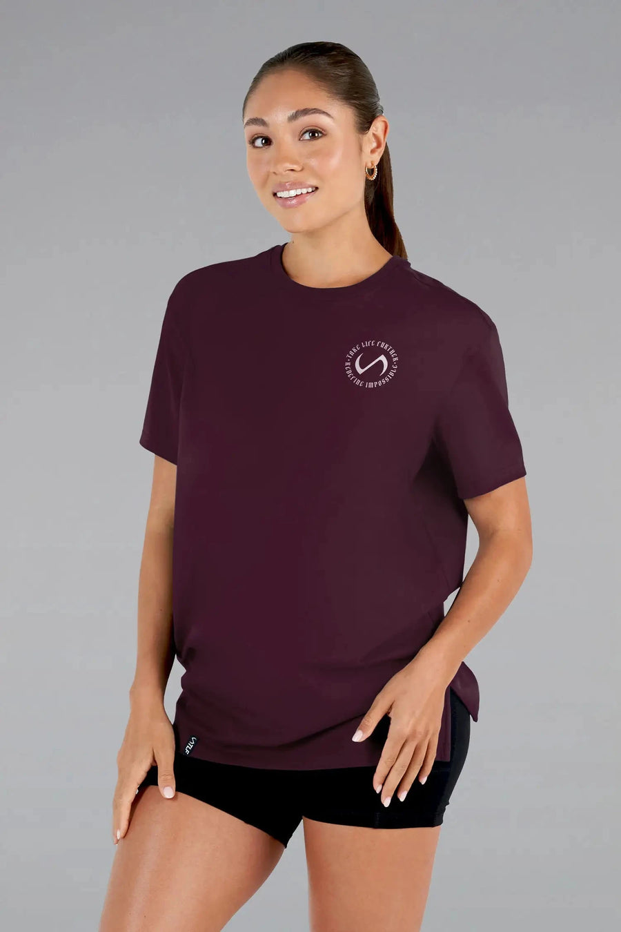 Front View of Wine  TLF 3 Strengths Swole Tee, featuring a custom graphic print design in our swole fit for all day wear