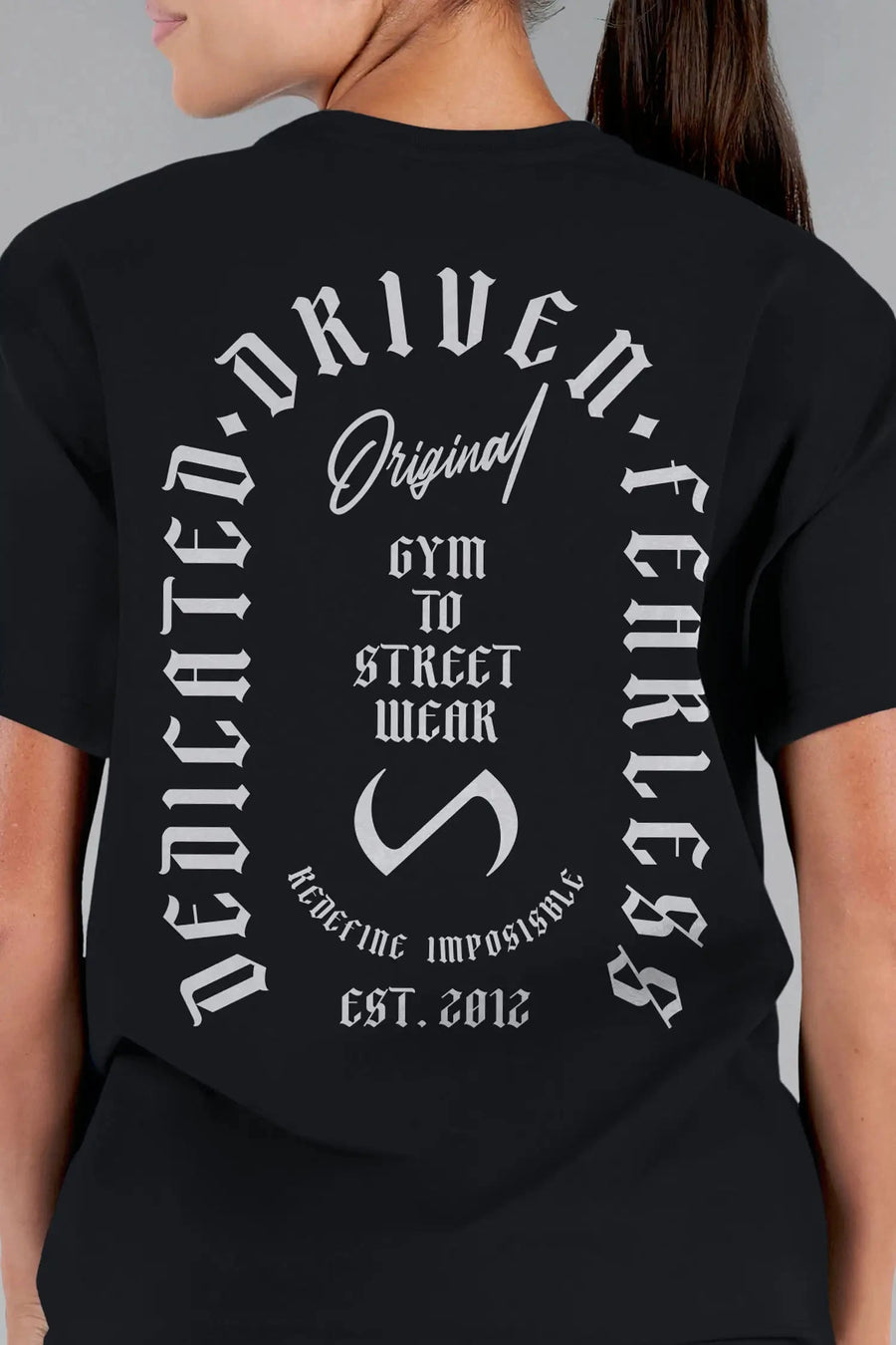 Back View of Black  TLF 3 Strengths Swole Tee, featuring a custom graphic print design in our swole fit for all day wear