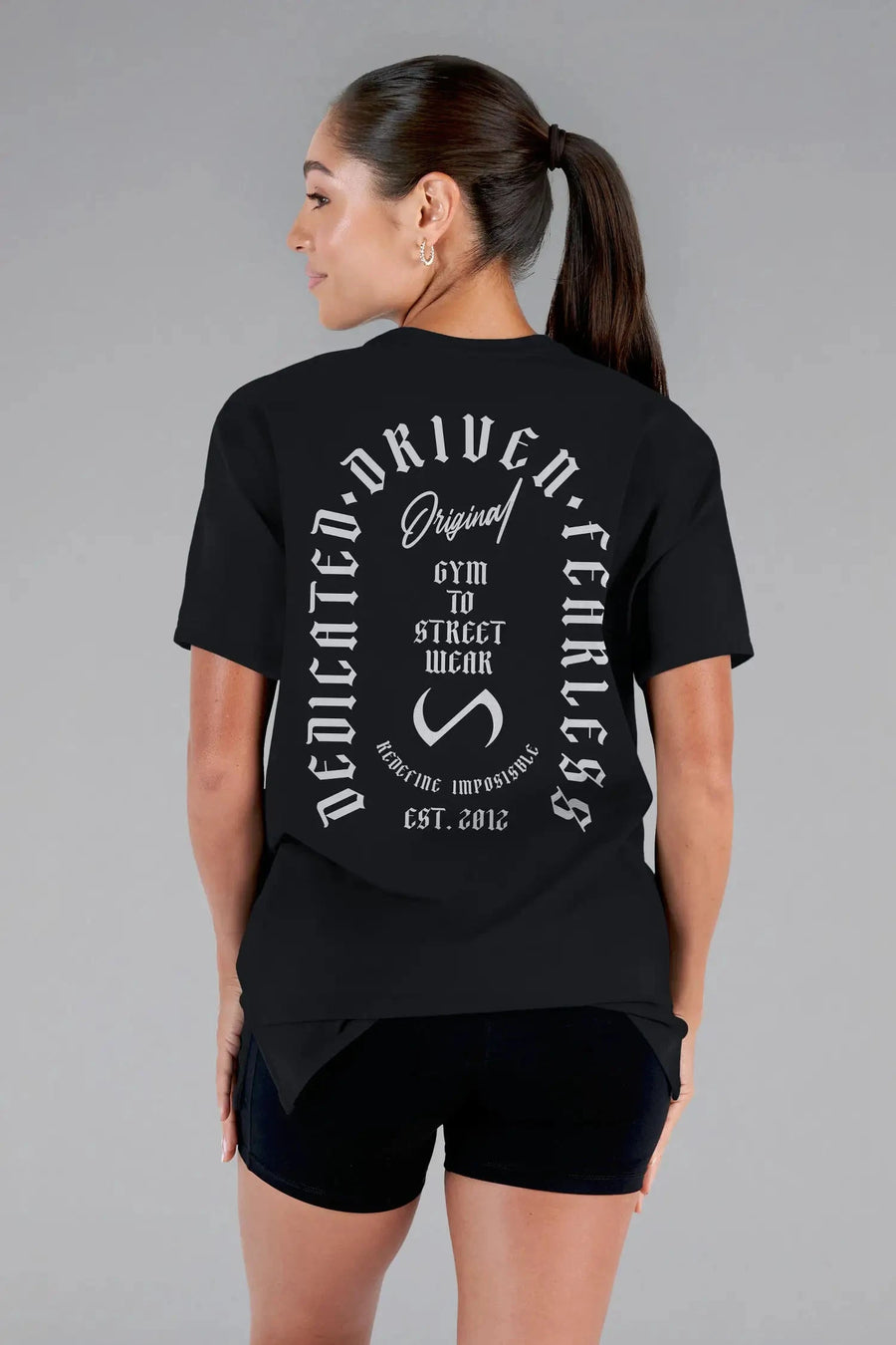 Back View of Black  TLF 3 Strengths Swole Tee, featuring a custom graphic print design in our swole fit for all day wear