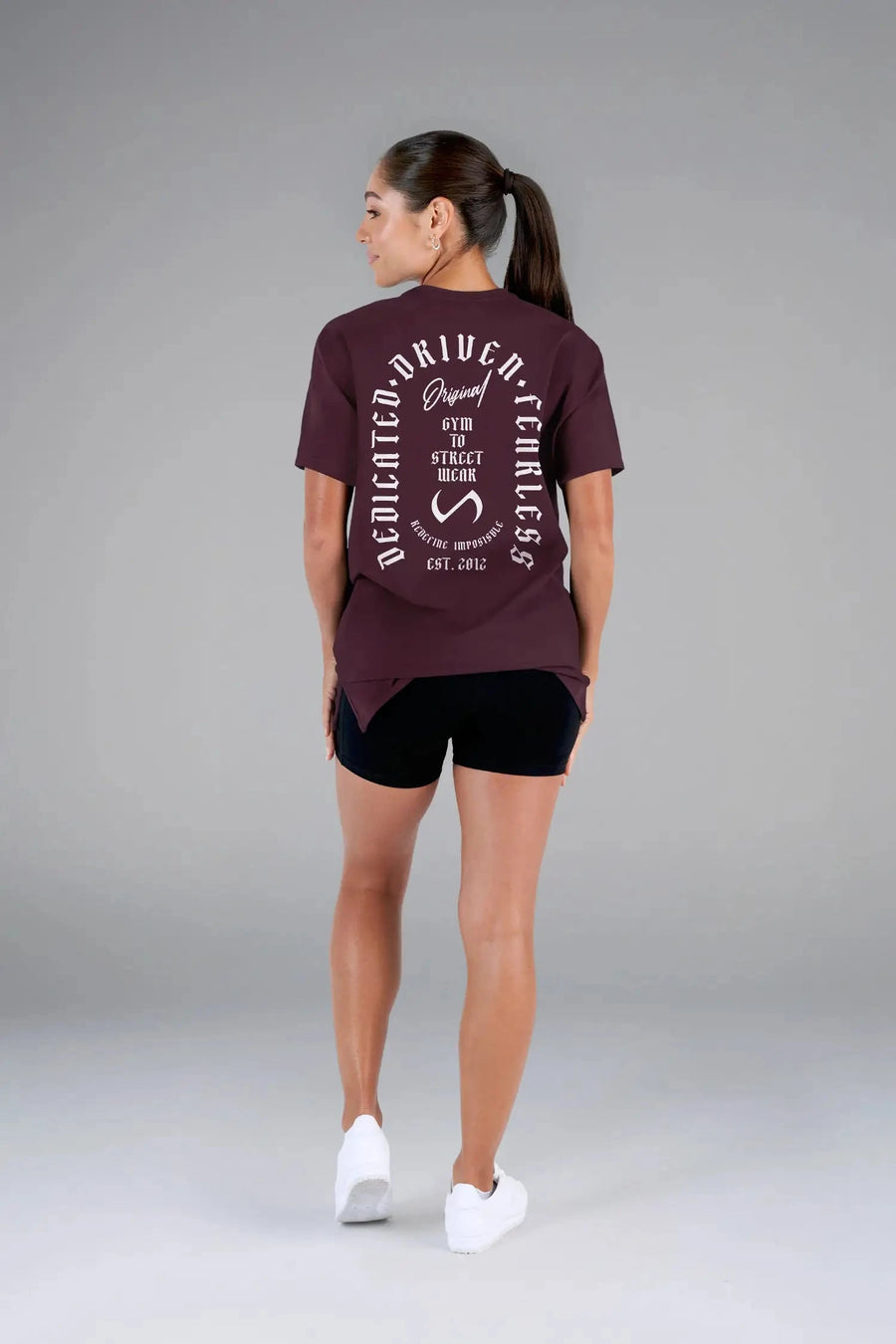 Back View of Wine  TLF 3 Strengths Swole Tee, featuring a custom graphic print design in our swole fit for all day wear