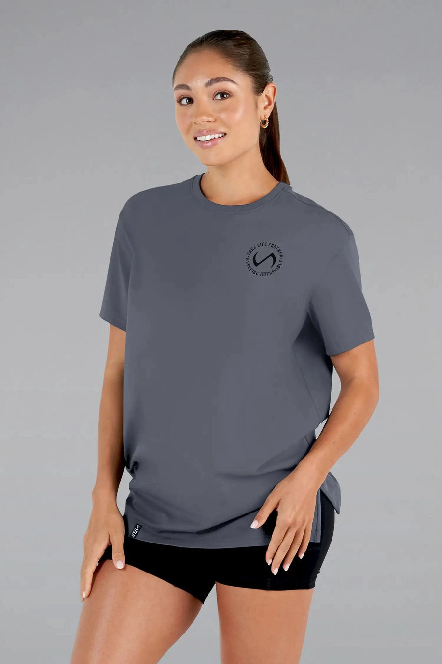 Back View of Blackened Pearl  TLF 3 Strengths Swole Tee, featuring a custom graphic print design in our swole fit for all day wear