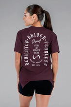 Back View of Wine  TLF 3 Strengths Swole Tee, featuring a custom graphic print design in our swole fit for all day wear