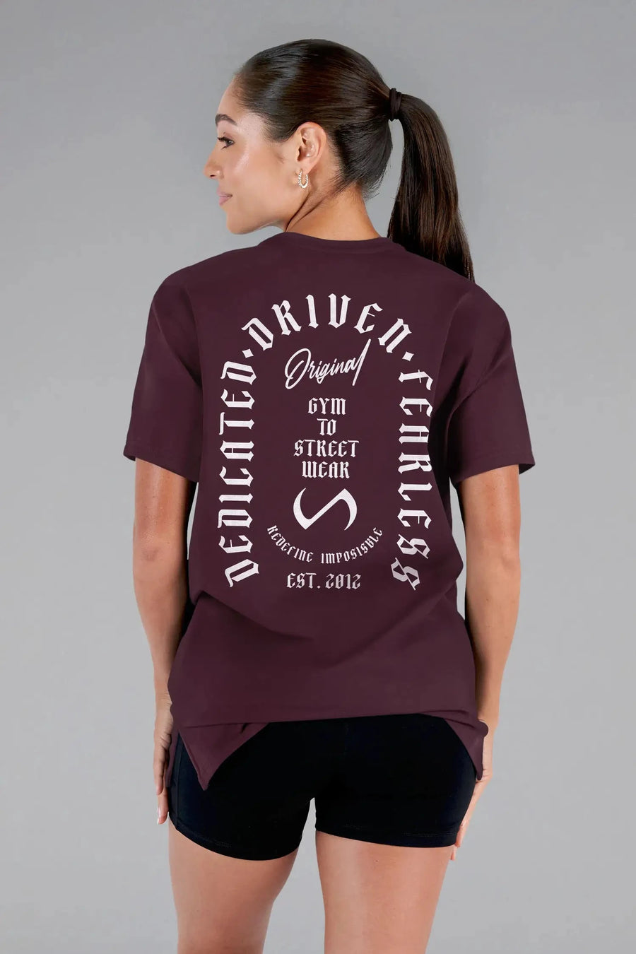 Back View of Wine  TLF 3 Strengths Swole Tee, featuring a custom graphic print design in our swole fit for all day wear