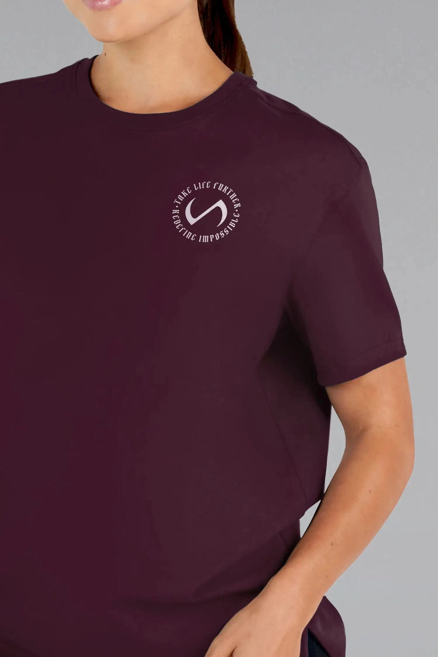 Front View of Wine  TLF 3 Strengths Swole Tee, featuring a custom graphic print design in our swole fit for all day wear