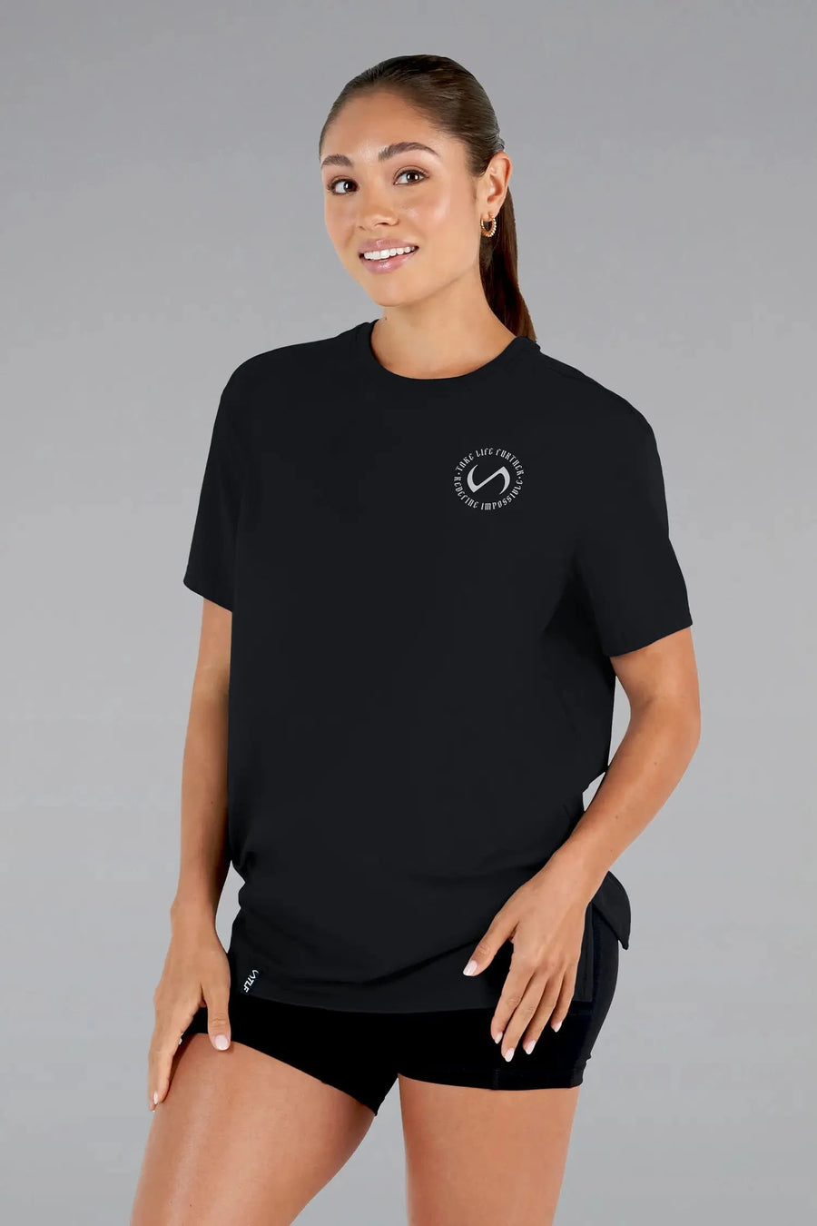 Front View of Black  TLF 3 Strengths Swole Tee, featuring a custom graphic print design in our swole fit for all day wear
