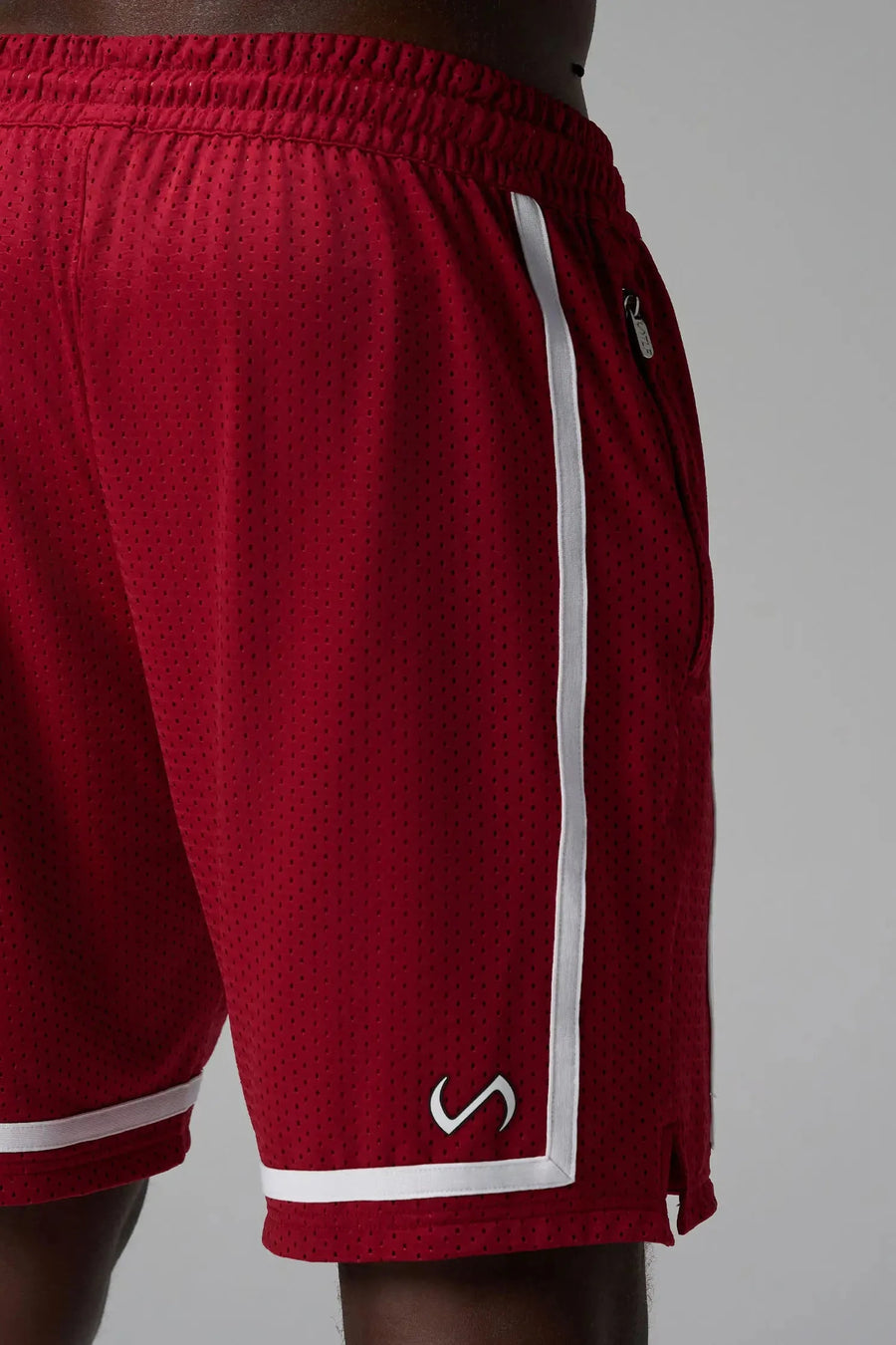 Back View of Red GTS Athletic 8 Inch Shorts, featuring an 8-inch inseam and zipper pockets