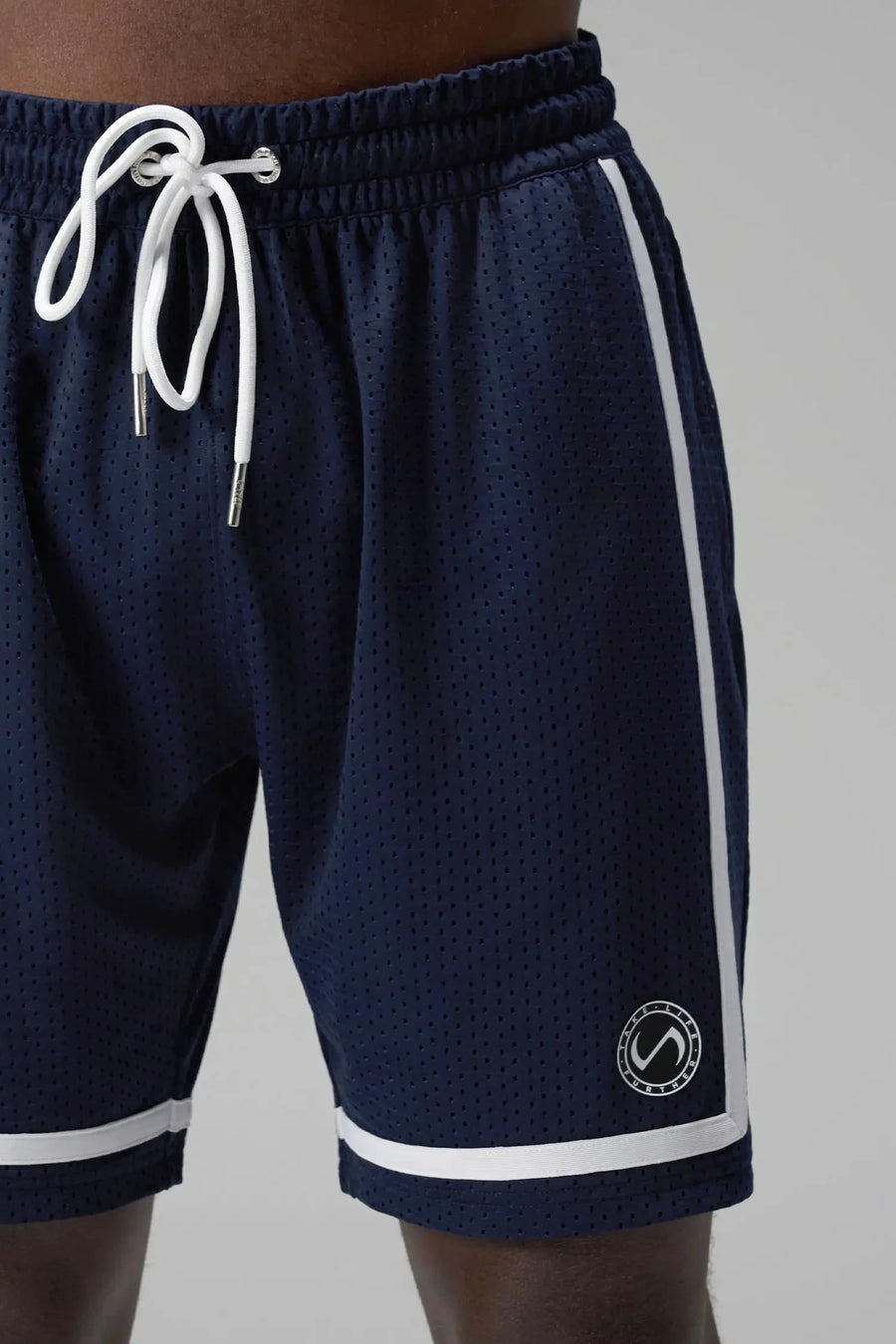 Detail Front View of Blue GTS Athletic 8 Inch Shorts, featuring an 8-inch inseam and zipper pockets
