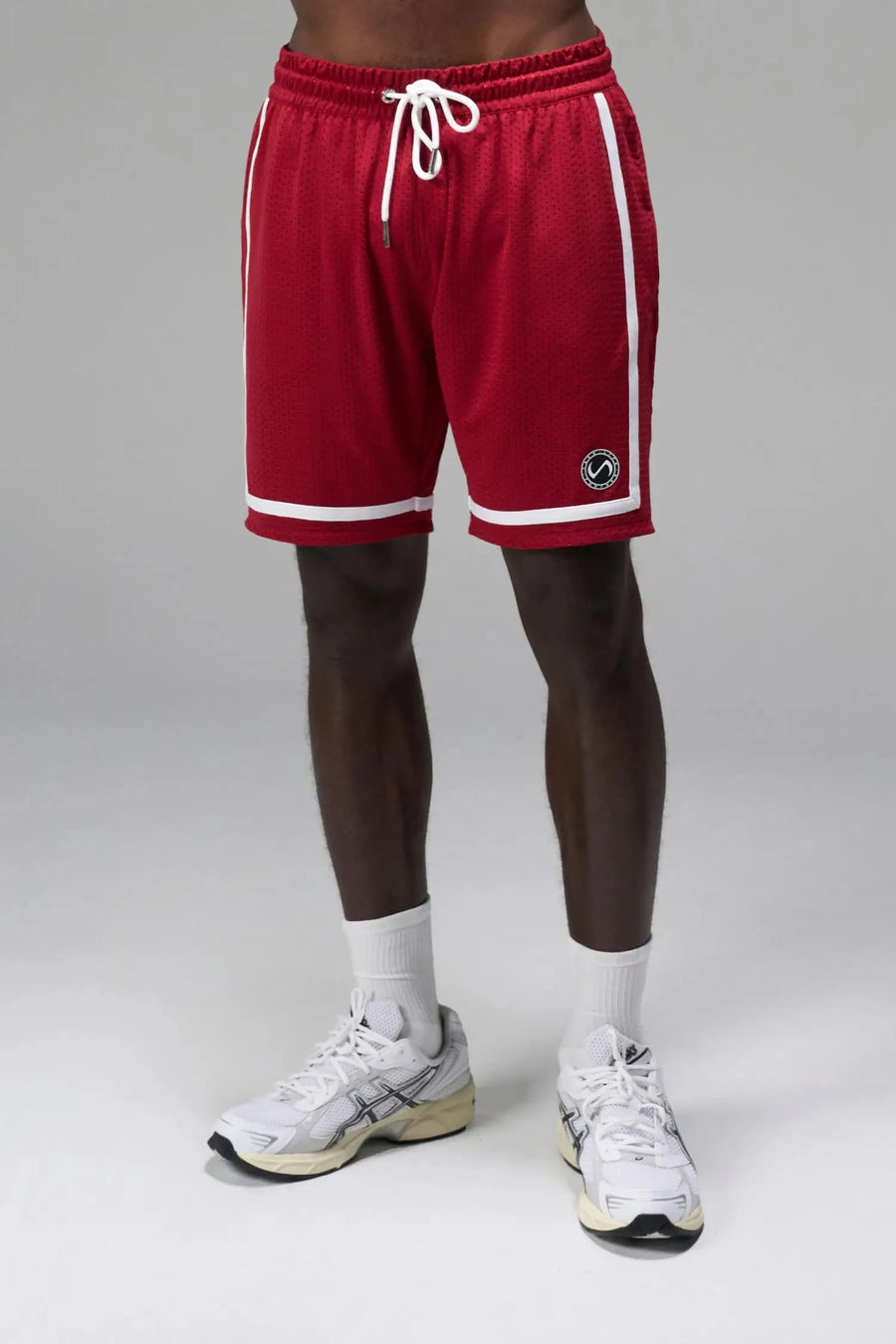 Front View of Red GTS Athletic 8 Inch Shorts, featuring an 8-inch inseam and zipper pockets