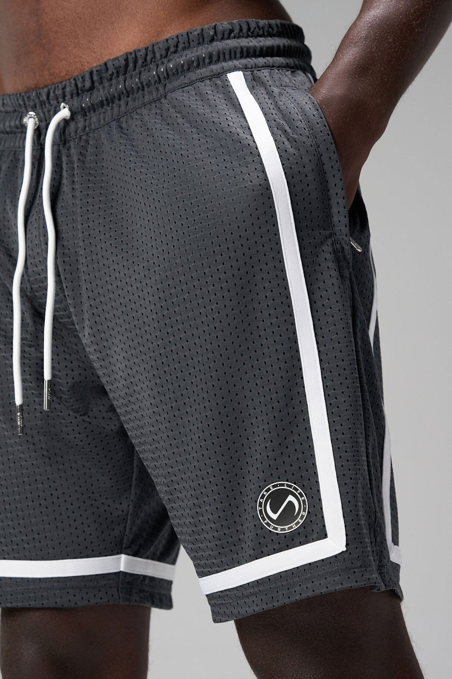 Front View of Grey GTS Athletic 8 Inch Shorts, featuring an 8-inch inseam and zipper pockets