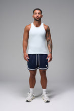 Front View of Blue GTS Evolve Mesh 6 Inch Shorts, featuring dual side pockets and 6 inch inseam for performance and functionality 
