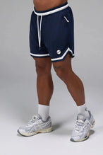 Front View of Blue GTS Evolve Mesh 6 Inch Shorts, featuring dual side pockets and 6 inch inseam for performance and functionality 