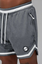 Front View of Gray GTS Evolve Mesh 6 Inch Shorts, featuring dual side pockets and 6 inch inseam for performance and functionality 