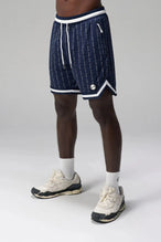 Front View of Blue GTS Evolve Mesh 8 Inch Shorts, featuring an 8-inch inseam, custom pinstripe design and zipper pockets