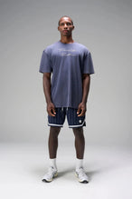 Front View of Blue GTS Evolve Mesh 8 Inch Shorts, featuring an 8-inch inseam, custom pinstripe design and zipper pockets