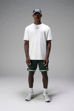Front View of Green GTS Evolve Mesh 8 Inch Shorts, featuring an 8-inch inseam, custom pinstripe design and zipper pockets