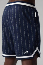 Side View of Blue GTS Evolve Mesh 8 Inch Shorts, featuring an 8-inch inseam, custom pinstripe design and zipper pockets