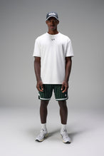 Front View of Green GTS Evolve Mesh 8 Inch Shorts, featuring an 8-inch inseam, custom pinstripe design and zipper pockets