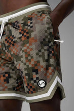 Detail Front View of Digital Camo GTS Evolve Mesh 8 Inch Shorts, featuring an 8-inch inseam, custom digital camo design and zipper pockets