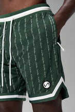 Front View of Green GTS Evolve Mesh 8 Inch Shorts, featuring an 8-inch inseam, custom pinstripe design and zipper pockets