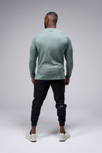 Back View Of the GTS Fitted Henley Long Sleeve in Dark Harvest Green Heather 