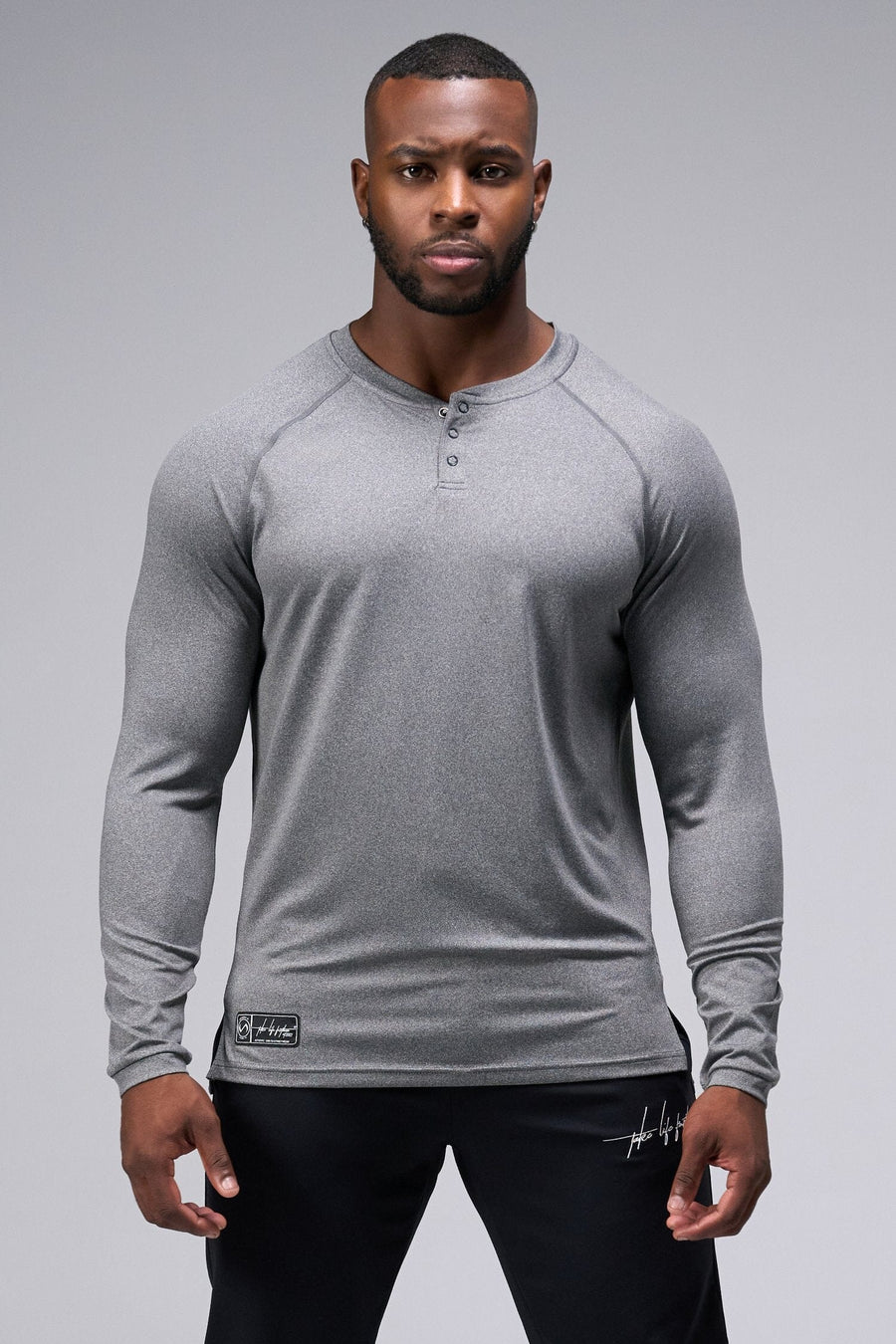 Front View Of the GTS Fitted Henley Long Sleeve in Charcoal Heather