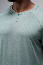 Front View Of the GTS Fitted Henley Long Sleeve in Dark Harvest Green Heather 