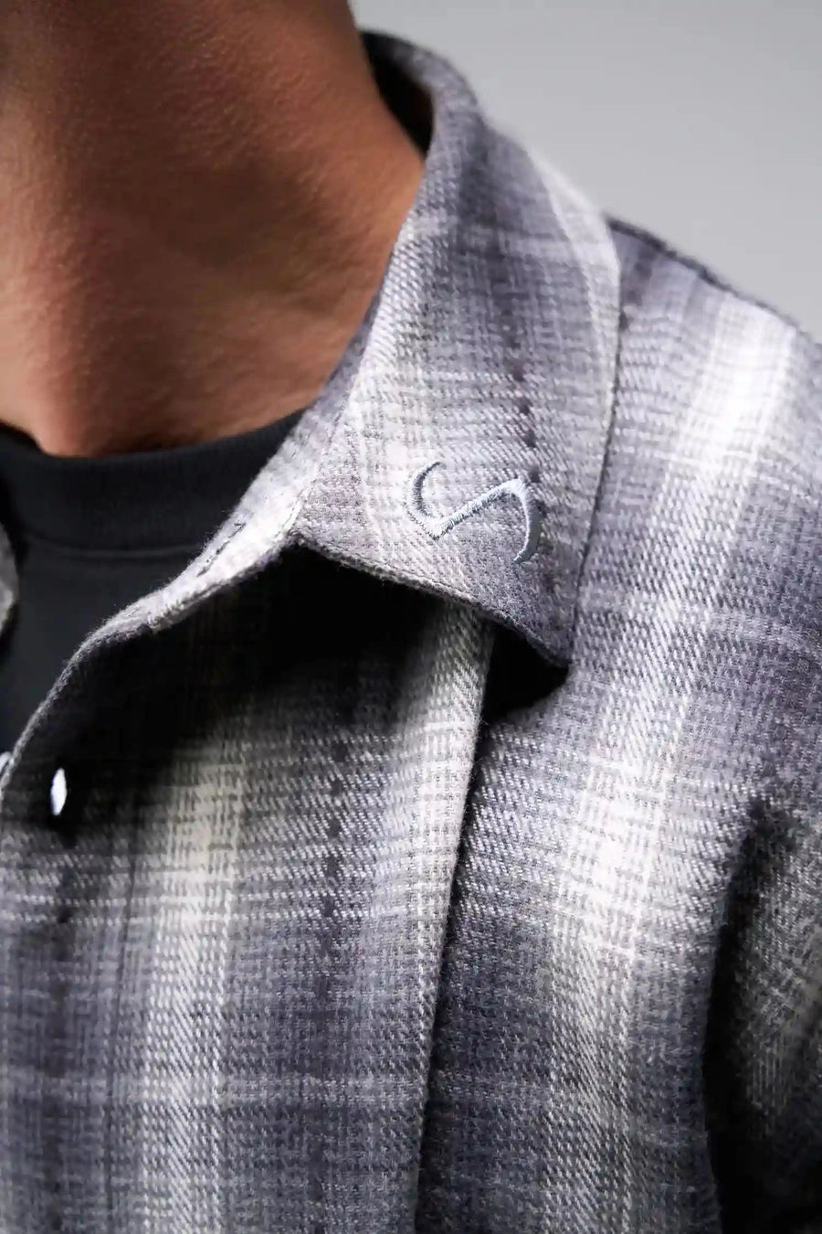 Detail Front View of the Black TLF GTS Flannel Shacket crafted in premium cotton plaid flannel with elevated embroidery details on the collar and back