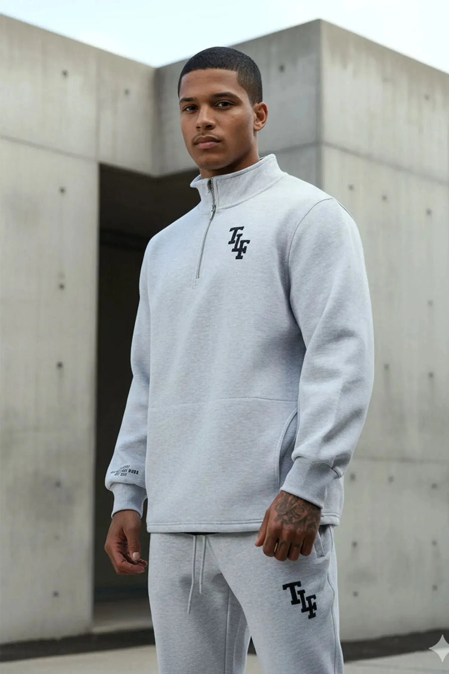 Front View of Gray  TLF GTS Scuba Tech Quarter-Zip Pullover, featuring a ¼ zip pullover, sleek design and kangaroo pockets 