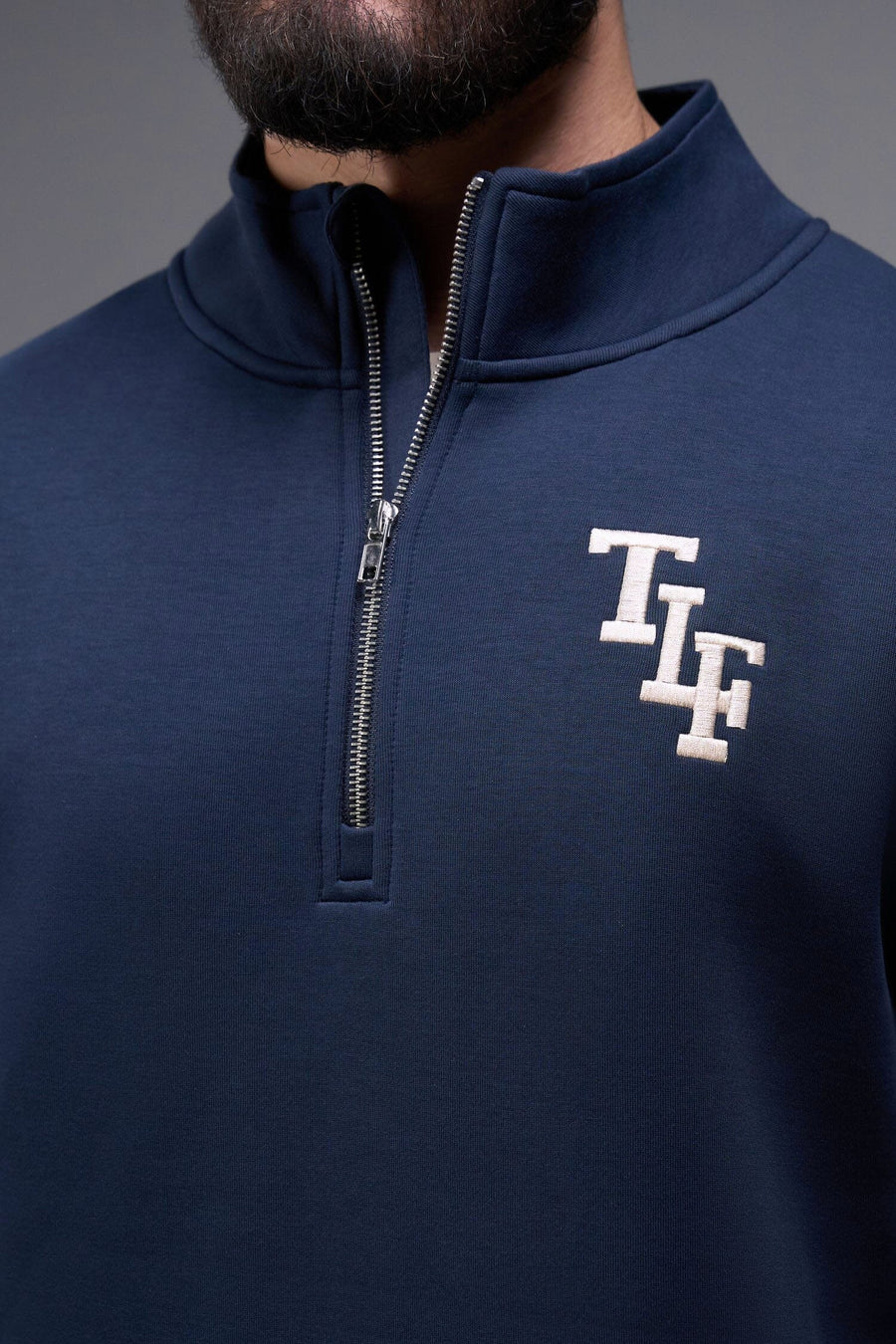 Detail Front View of Blue Nights TLF GTS Scuba Tech Quarter-Zip Pullover, featuring a ¼ zip pullover, sleek design and kangaroo pockets