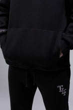Detail Front View of Black TLF GTS Scuba Tech Quarter-Zip Pullover, featuring a ¼ zip pullover, sleek design and kangaroo pockets