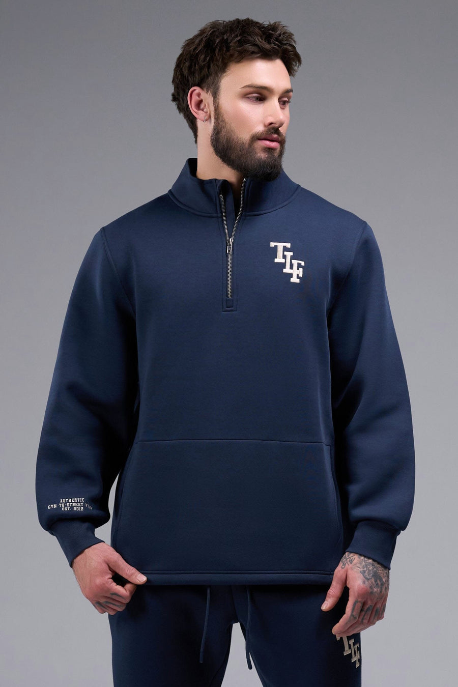 Front View of Blue Nights TLF GTS Scuba Tech Quarter-Zip Pullover, featuring a ¼ zip pullover, sleek design and kangaroo pockets