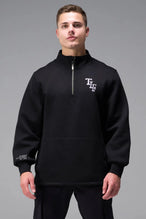 Front View of Black  TLF GTS Scuba Tech Quarter-Zip Pullover, featuring a ¼ zip pullover, sleek design and kangaroo pockets 